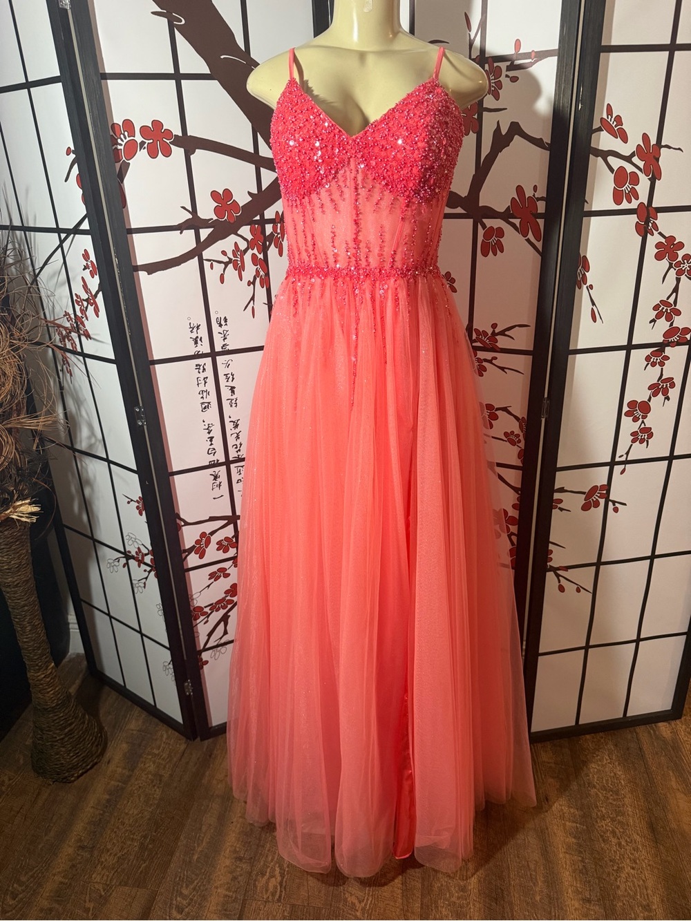 Coral Pink Sequin Tulle Evening Gown